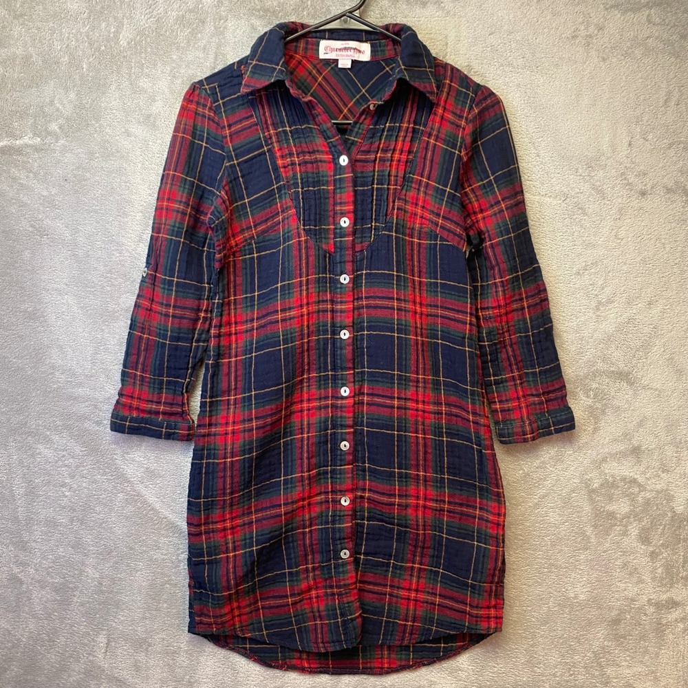 Character Hero Shirt Dress Womens Extra Small Plaid Red Navy Gauze EUC